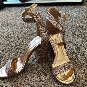 Glitter Block Heel Sandals - Pink and Gold
